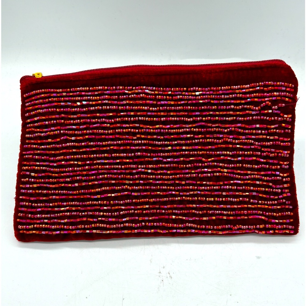 Aura Science Beaded Red Velvet Clutch Bag Makeup Bag with Zipper